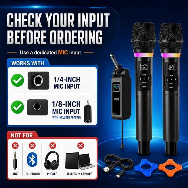 Alt view image 2 of 7 - Myxtren Wireless Microphone System, Dual 2.4GHz Handheld Mics | Rechargeable receiver with volume, echo, treble, bass and mute controls for speakers, PA systems and karaoke machines.