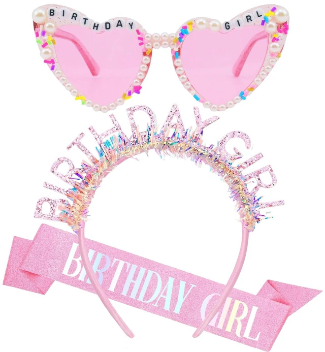 Main image of PcwBcn Hot Pink Birthday Girls Glasses Sash Tiara Crown for Women Girls | 3 Pcs Happy Birthday Girl Party Decorations, Princess Headband Pink Birth Gifts Hair Accessories Party Supplies