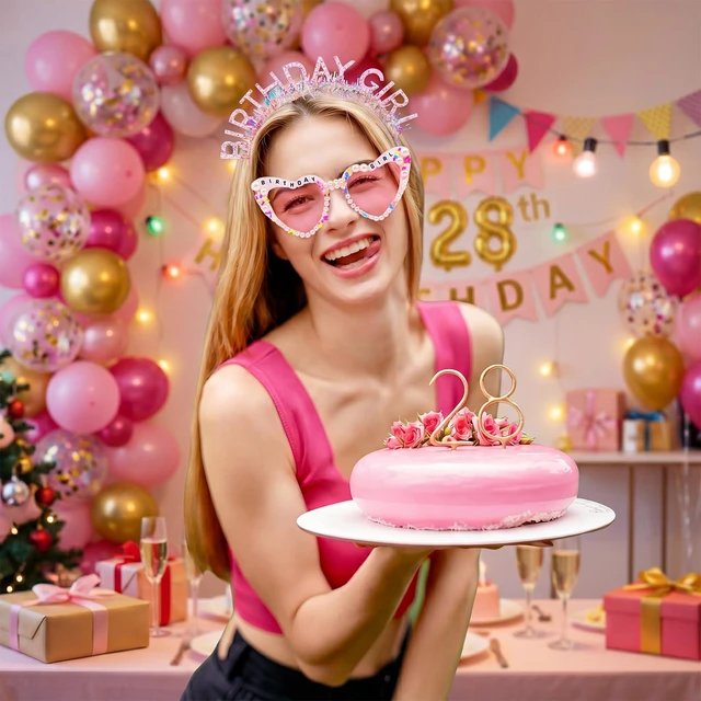 Alt view image 4 of 7 - PcwBcn Hot Pink Birthday Girls Glasses Sash Tiara Crown for Women Girls | 3 Pcs Happy Birthday Girl Party Decorations, Princess Headband Pink Birth Gifts Hair Accessories Party Supplies