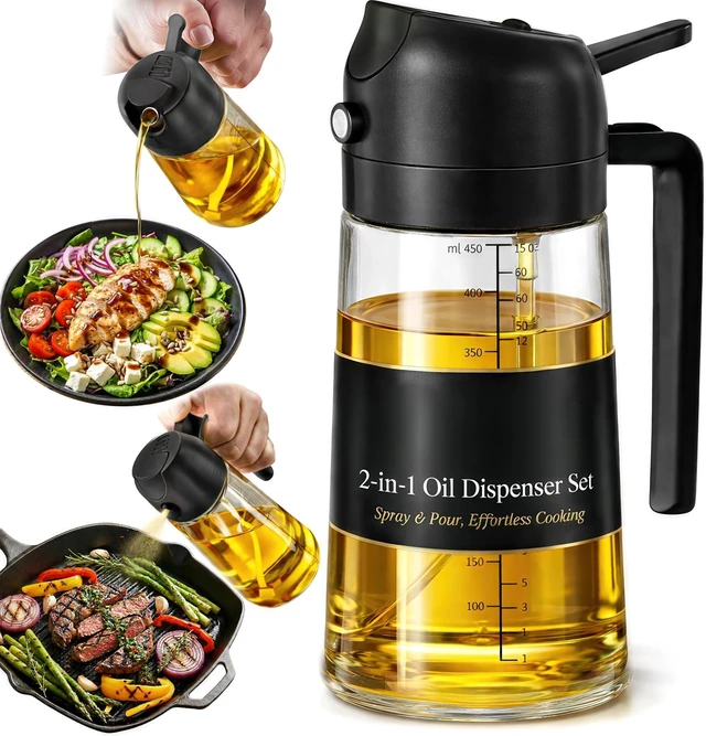 Main image of 16 oz Glass Olive Oil Sprayer for Cooking, Oil Dispenser, Black | Glass 2-in-1 olive oil dispenser bottle, oil dispenser for kitchen, oil spray bottle, mist or stream, anti-drip spout, salads