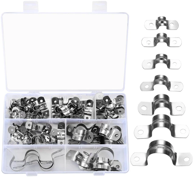 Main image of 90 Pcs Two Hole Strap U Clamp,Pipe Strap U Bracket Clamp, Stainless Steel Rigid Pipe Strap U Bracket Tube Strap Clamp Kit for Pipe Tube Fixing Mounting - 5/16" 3/8" 9/16" 1/2" 5/8" 3/4" 1"
