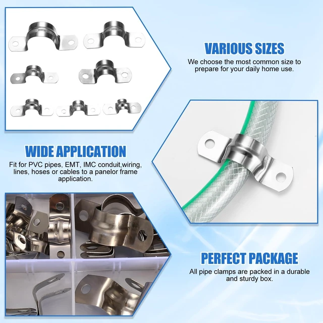 Alt view image 4 of 7 - 90 Pcs Two Hole Strap U Clamp,Pipe Strap U Bracket Clamp, Stainless Steel Rigid Pipe Strap U Bracket Tube Strap Clamp Kit for Pipe Tube Fixing Mounting - 5/16" 3/8" 9/16" 1/2" 5/8" 3/4" 1"