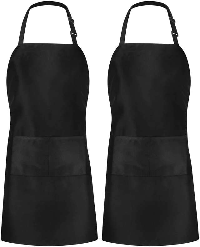 Alt view image 3 of 7 - Kitchen Bib Aprons 2 Pack Adjustable With 2 Pockets Black | Chef Apron, Men and Women, Water and Oil Resistant, Cooking Kitchen Use, Durable Fabric, Restaurant and Home Use