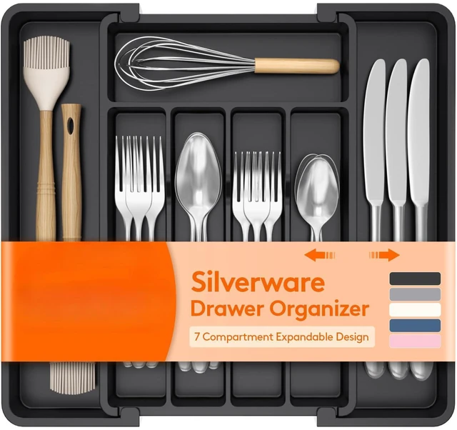 Main image of Expandable Silverware Drawer Organizer, Kitchen Utensil Tray | BPA-free Plastic Flatware Cutlery Holder, Space-Saving Storage for Spoons Forks Knives, 8.5-14 x 12 x 1.5, Black