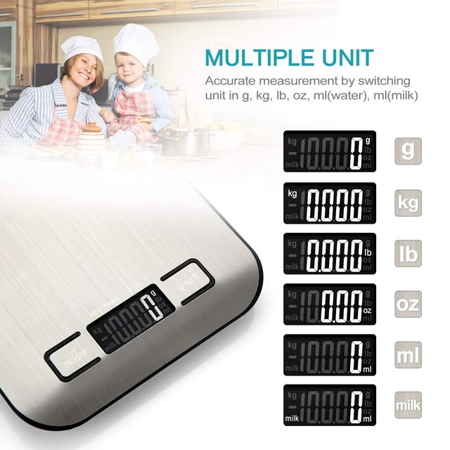 Alt view image 2 of 5 - Food Scale, Digital Kitchen Scale with LCD Display, Weight Grams and Ounces for Baking Cooking and Meal Prep, 6 Units with Tare Function, 304 Stainless Steel, 11lb (Batteries Included)