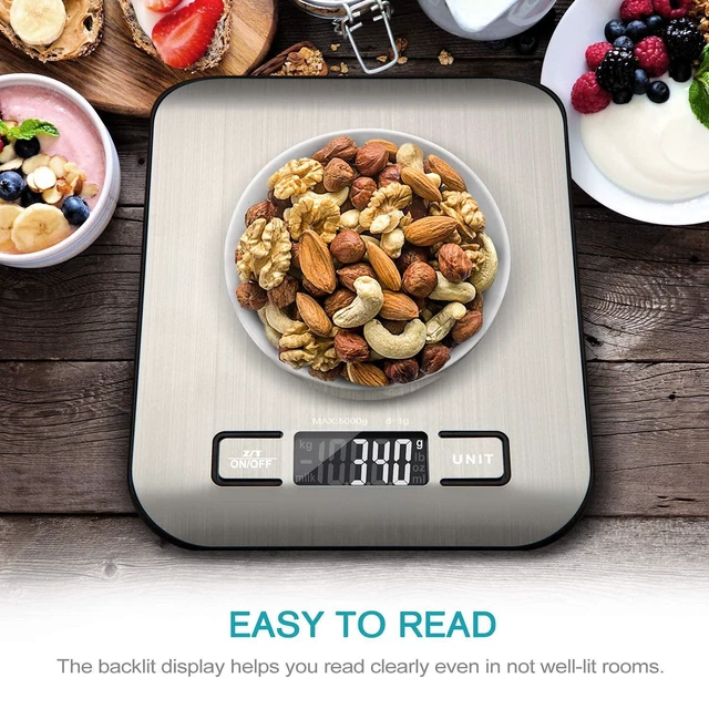 Alt view image 4 of 5 - Food Scale, Digital Kitchen Scale with LCD Display, Weight Grams and Ounces for Baking Cooking and Meal Prep, 6 Units with Tare Function, 304 Stainless Steel, 11lb (Batteries Included)