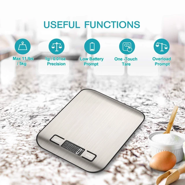 Alt view image 3 of 5 - Food Scale, Digital Kitchen Scale with LCD Display, Weight Grams and Ounces for Baking Cooking and Meal Prep, 6 Units with Tare Function, 304 Stainless Steel, 11lb (Batteries Included)