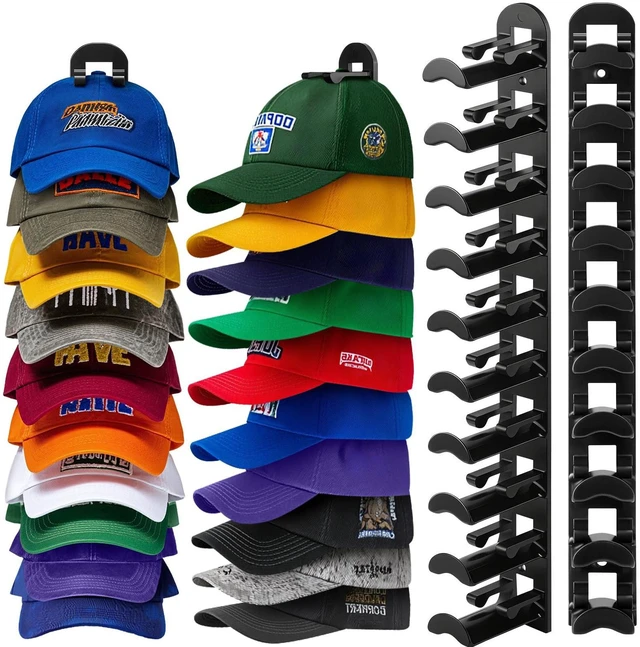 Main image of Hat Hook for Wall, 2 Pack Hat Organizer Hold up to 20 Hats,Hat Holder with Strong Adhesive and 8 Pack Screws, Cap Holder Hat Hangers for Wall Closet Door and Bedroom(Black)