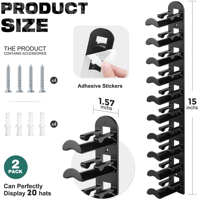 Alt view image 2 of 7 - Hat Hook for Wall, 2 Pack Hat Organizer Hold up to 20 Hats,Hat Holder with Strong Adhesive and 8 Pack Screws, Cap Holder Hat Hangers for Wall Closet Door and Bedroom(Black)