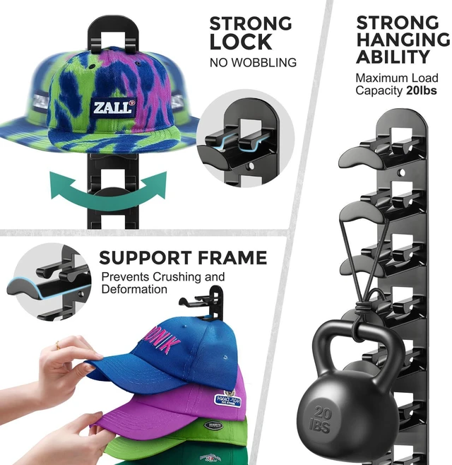 Alt view image 3 of 7 - Hat Hook for Wall, 2 Pack Hat Organizer Hold up to 20 Hats,Hat Holder with Strong Adhesive and 8 Pack Screws, Cap Holder Hat Hangers for Wall Closet Door and Bedroom(Black)
