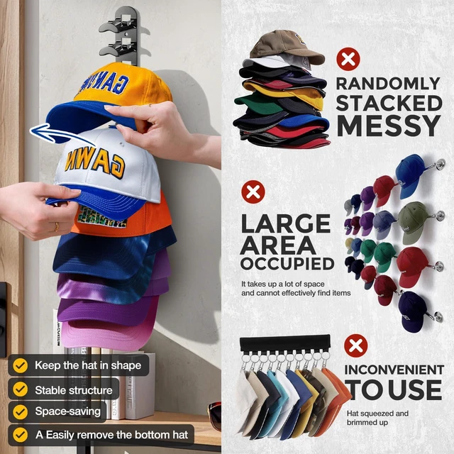 Alt view image 5 of 7 - Hat Hook for Wall, 2 Pack Hat Organizer Hold up to 20 Hats,Hat Holder with Strong Adhesive and 8 Pack Screws, Cap Holder Hat Hangers for Wall Closet Door and Bedroom(Black)