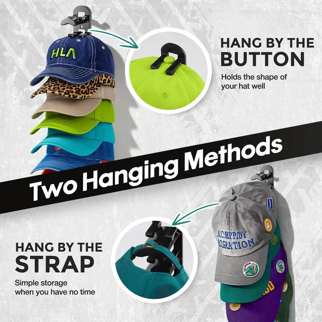 Alt view image 4 of 7 - Hat Hook for Wall, 2 Pack Hat Organizer Hold up to 20 Hats,Hat Holder with Strong Adhesive and 8 Pack Screws, Cap Holder Hat Hangers for Wall Closet Door and Bedroom(Black)