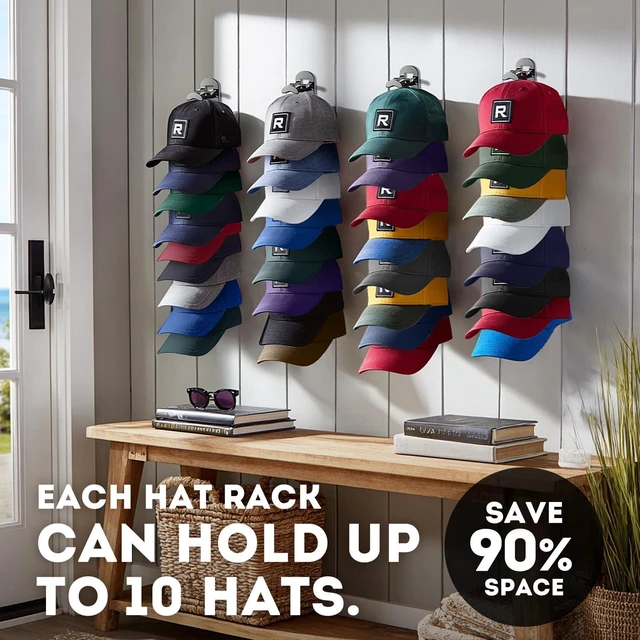 Alt view image 6 of 7 - Hat Hook for Wall, 2 Pack Hat Organizer Hold up to 20 Hats,Hat Holder with Strong Adhesive and 8 Pack Screws, Cap Holder Hat Hangers for Wall Closet Door and Bedroom(Black)