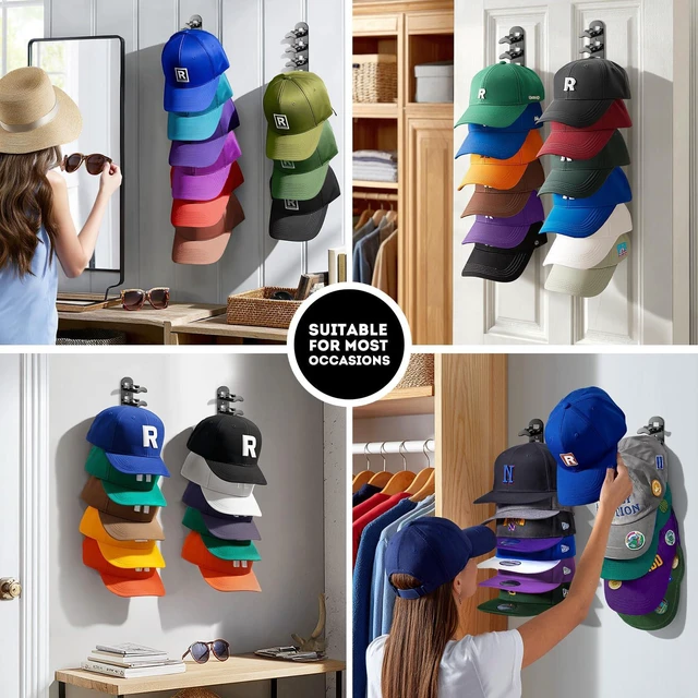 Alt view image 7 of 7 - Hat Hook for Wall, 2 Pack Hat Organizer Hold up to 20 Hats,Hat Holder with Strong Adhesive and 8 Pack Screws, Cap Holder Hat Hangers for Wall Closet Door and Bedroom(Black)
