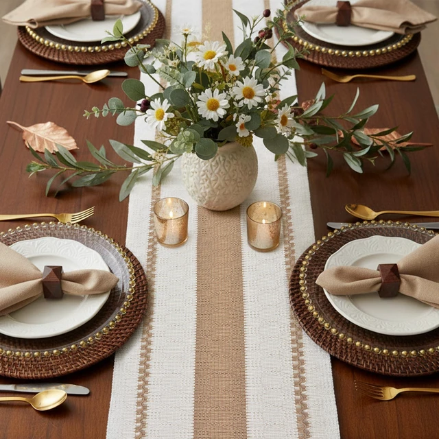 Alt view image 4 of 7 - Boho Table Runner with Tassels 12x72 Inch for Fall Home Decor | 72 Inches Long Pottery Barn Furniture Farmhouse Rustic Macrame Burlap Table Decoration for Living Room Kitchen Baby Shower