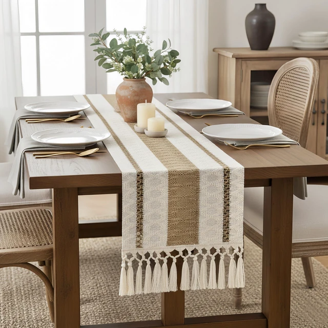 Alt view image 3 of 7 - Boho Table Runner with Tassels 12x72 Inch for Fall Home Decor | 72 Inches Long Pottery Barn Furniture Farmhouse Rustic Macrame Burlap Table Decoration for Living Room Kitchen Baby Shower