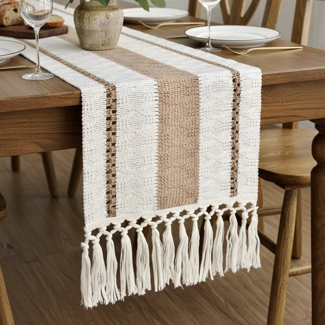 Alt view image 6 of 7 - Boho Table Runner with Tassels 12x72 Inch for Fall Home Decor | 72 Inches Long Pottery Barn Furniture Farmhouse Rustic Macrame Burlap Table Decoration for Living Room Kitchen Baby Shower