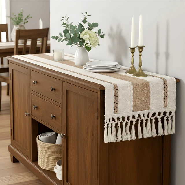 Alt view image 7 of 7 - Boho Table Runner with Tassels 12x72 Inch for Fall Home Decor | 72 Inches Long Pottery Barn Furniture Farmhouse Rustic Macrame Burlap Table Decoration for Living Room Kitchen Baby Shower