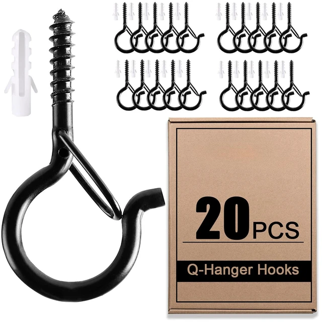 Main image of Hanger Ceiling Screw Hooks for Hanging Outdoor String Light, Plants | 2.2 Inches Windproof Cup Eye Hooks with Safety Buckle for Hanging Basket Patio Christmas Lights, Black, 20 PCS
