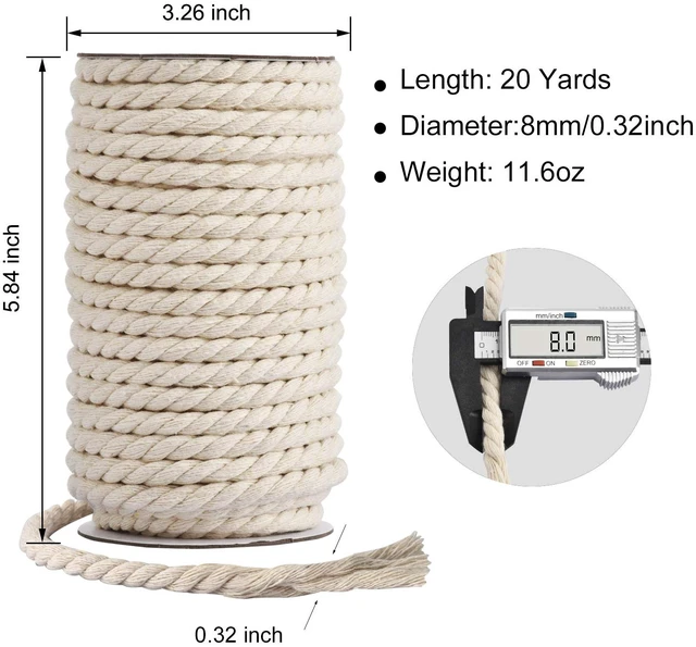 Alt view image 2 of 6 - Cotton Cord 8mm x 20 Yards - Natural Unbleached Macrame Rope - 3 Strand Twisted Cotton Rope for Wall HangingDIY Craft MakingPlant HangersKnotting Decorative Projects (White)