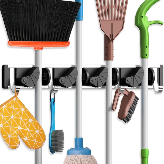 Main image of Mop Broom Holder Wall Mount Metal Pantry Organization and Storage Garden Kitchen Tool Organizer Wall Hanger for Home Goods (4 Positions with 4 Hooks, Black)