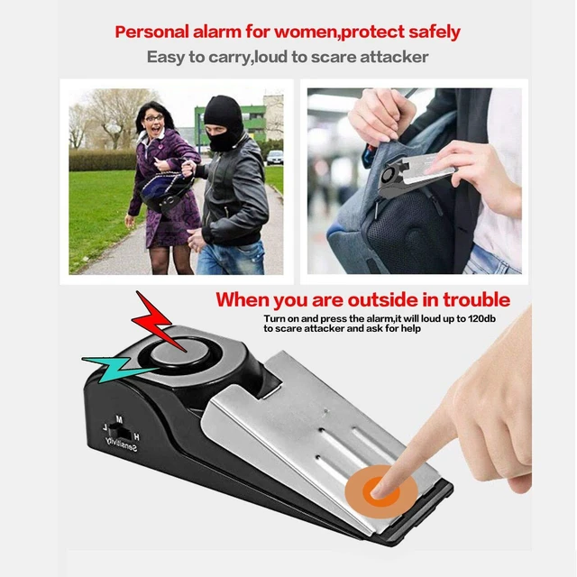 Alt view image 3 of 6 - 2 Pack Door Stop Alarm with 120dB Siren, Wedge Door Stopper Security Device for Travel, Apartment, Hotel, Home Portable Anti-Theft Floor Alarm for Entry Alert & Self Defense, Black