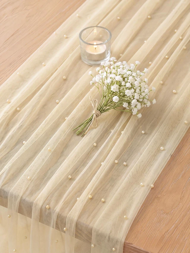 Alt view image 2 of 7 - Pearl Cheesecloth Table Runner, Beige Gauze Table Runner | Party Bridal Shower Living Room Styling Valentine Home Decor