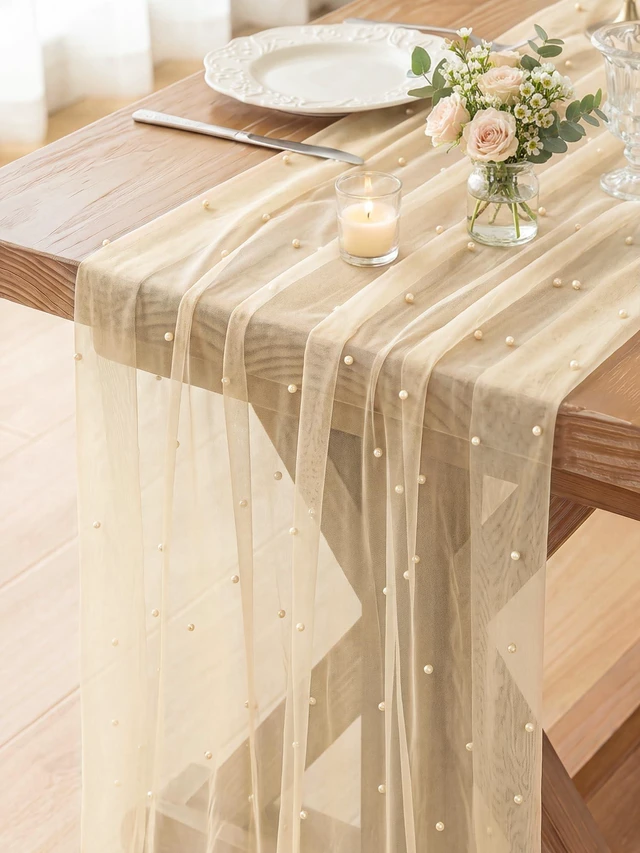 Alt view image 4 of 7 - Pearl Cheesecloth Table Runner, Beige Gauze Table Runner | Party Bridal Shower Living Room Styling Valentine Home Decor