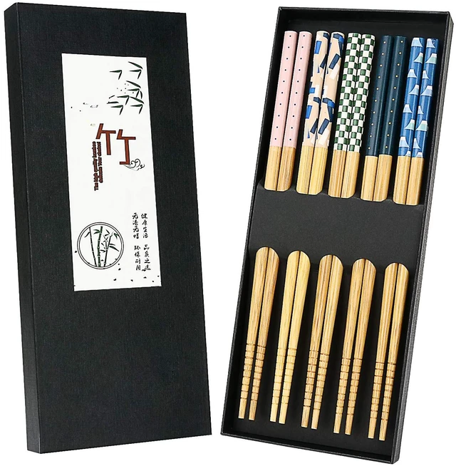 Main image of 5 Pairs Japanese Natural Bamboo Chopsticks with Unique Pattern Dishwasher Safe, Reusable Non-Slip Chopstick Gift Set for Asian Dishes Sushi Rice Noodles, Nicely Boxed Chinese Chop Sticks Functional