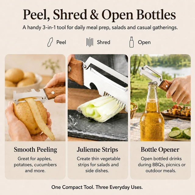 Alt view image 4 of 7 - 2026 upgrade 3-in-1 Vegetable Peeler with Wooden Handle, Stainless Steel Julienne Peeler and Scallion Shredder with Bottle Opener, Multi-Function Kitchen Peeler for Everyday Prep1PCS)