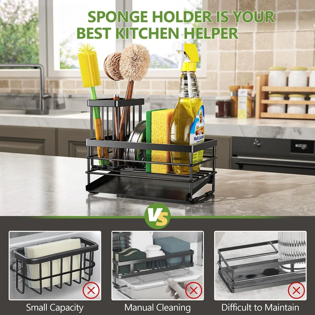 Alt view image 2 of 7 - Sink Caddy Sponge Holder for Kitchen with Brush Holder and Stainless Steel Self Drain Tray, Rustproof Kitchen Sink Organizer for Sponge, Soap Dispenser Storage Accessories