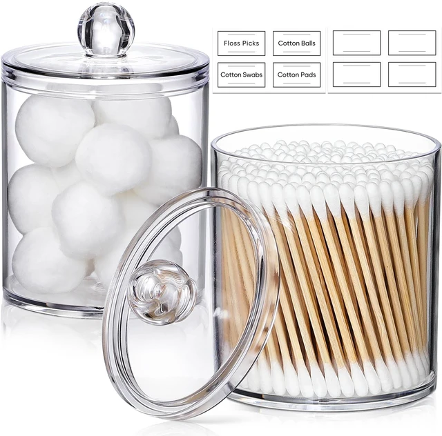 Alt view image 2 of 7 - 2 Pack Acrylic Qtip Holder Dispenser for Cotton Swabs, Balls, Floss Picks | Thick, Labels - Small Canister Apothecary Jar Set, Bathroom Decor Essentials, Shelf Vanity Storage Organizer