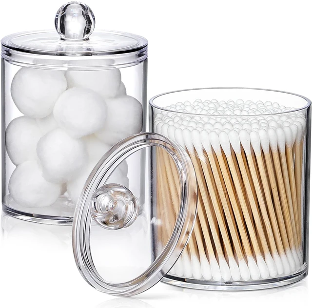 Main image of 2 Pack Acrylic Qtip Holder Dispenser for Cotton Swabs, Balls, Floss Picks | Thick, Labels - Small Canister Apothecary Jar Set, Bathroom Decor Essentials, Shelf Vanity Storage Organizer