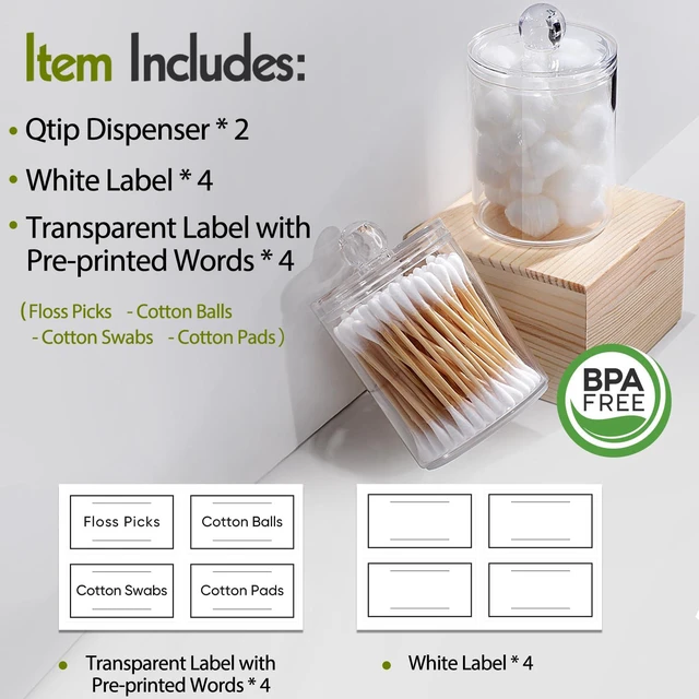 Alt view image 3 of 7 - 2 Pack Acrylic Qtip Holder Dispenser for Cotton Swabs, Balls, Floss Picks | Thick, Labels - Small Canister Apothecary Jar Set, Bathroom Decor Essentials, Shelf Vanity Storage Organizer