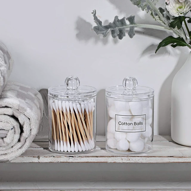 Alt view image 6 of 7 - 2 Pack Acrylic Qtip Holder Dispenser for Cotton Swabs, Balls, Floss Picks | Thick, Labels - Small Canister Apothecary Jar Set, Bathroom Decor Essentials, Shelf Vanity Storage Organizer