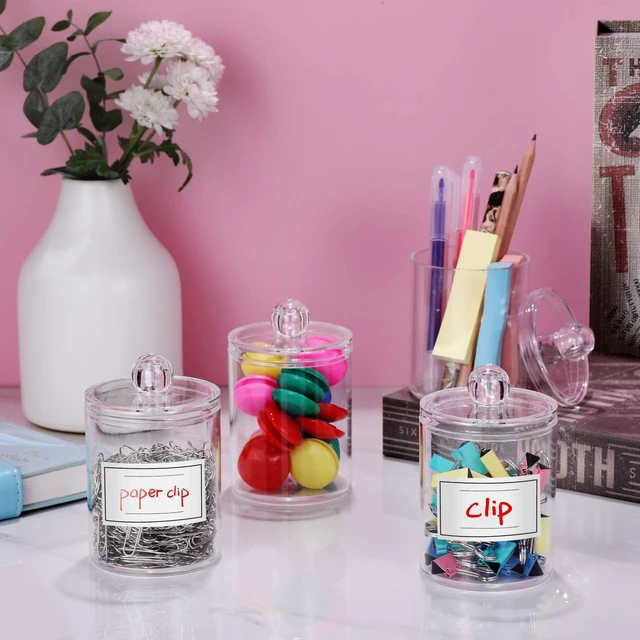 Alt view image 7 of 7 - 2 Pack Acrylic Qtip Holder Dispenser for Cotton Swabs, Balls, Floss Picks | Thick, Labels - Small Canister Apothecary Jar Set, Bathroom Decor Essentials, Shelf Vanity Storage Organizer