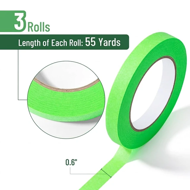 Alt view image 2 of 7 - Green Masking Tape, 0.6 Inch Wide, 3 Rolls, 3 x 55 Yards | Light Green, Painters Tape