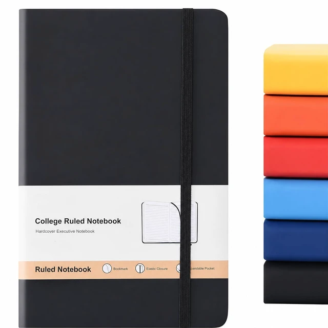 Main image of A5 Hardcover Lined Journal Notebook, Black, 1 Pack, 200 Pages | Faux leather hardcover with lay-flat ruled pages, elastic closure, ribbon bookmark and back pocket for work, school or travel