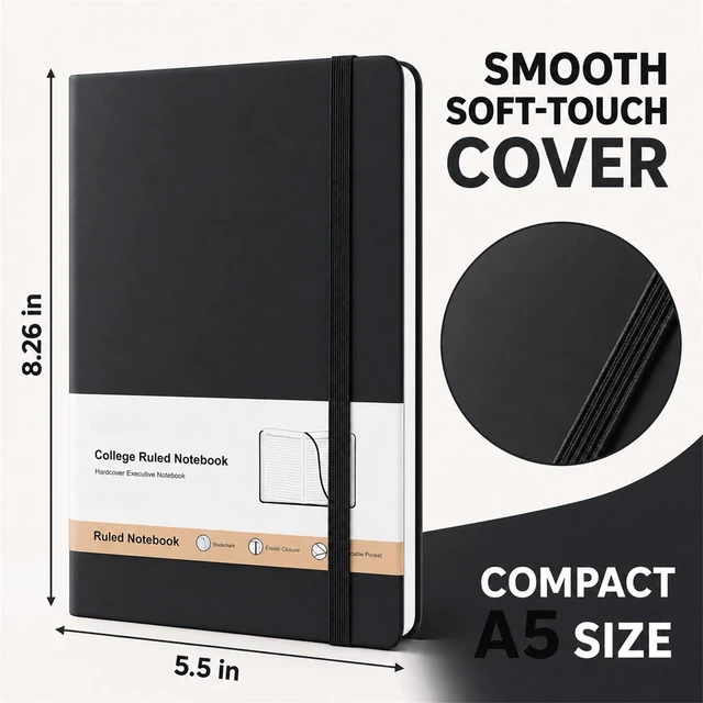 Alt view image 2 of 6 - A5 Hardcover Lined Journal Notebook, Black, 1 Pack, 200 Pages | Faux leather hardcover with lay-flat ruled pages, elastic closure, ribbon bookmark and back pocket for work, school or travel