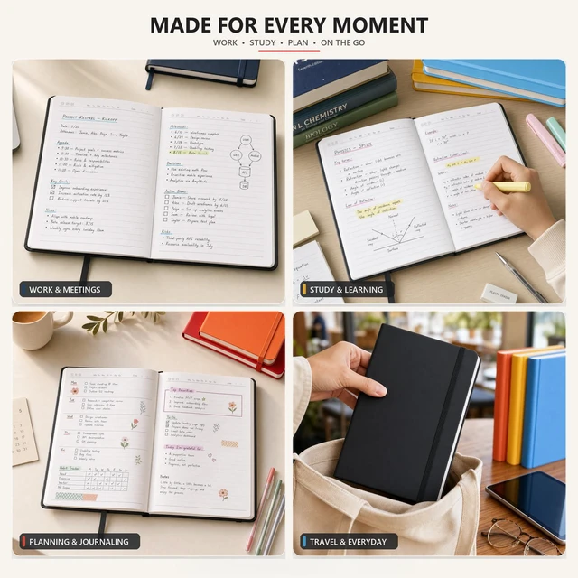 Alt view image 6 of 6 - A5 Hardcover Lined Journal Notebook, Black, 1 Pack, 200 Pages | Faux leather hardcover with lay-flat ruled pages, elastic closure, ribbon bookmark and back pocket for work, school or travel