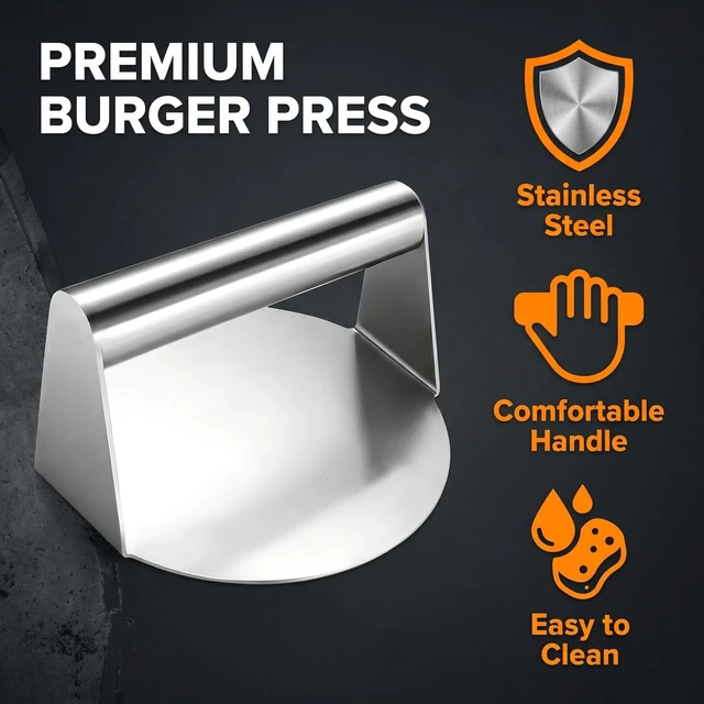 Alt view image 3 of 7 - Stainless Steel Smash Burger Press, 5.5 Inch Manual Burger Smasher with Handle, Metal Patty Press for Griddle, Grill, Bacon, Sandwiches and Flat Top Cooking