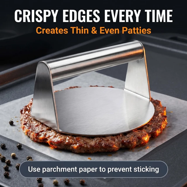 Alt view image 5 of 7 - Stainless Steel Smash Burger Press, 5.5 Inch Manual Burger Smasher with Handle, Metal Patty Press for Griddle, Grill, Bacon, Sandwiches and Flat Top Cooking