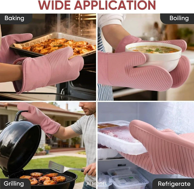 Alt view image 5 of 6 - Silicone Oven Mitts,High Heat Resistant Up to 500 Degrees,Waterproof Cooking Gloves with Soft Polyester Filling,Kitchen Potholder Set - Perfect for BBQ,Baking and Cooking,Pink,2 Pcs Set