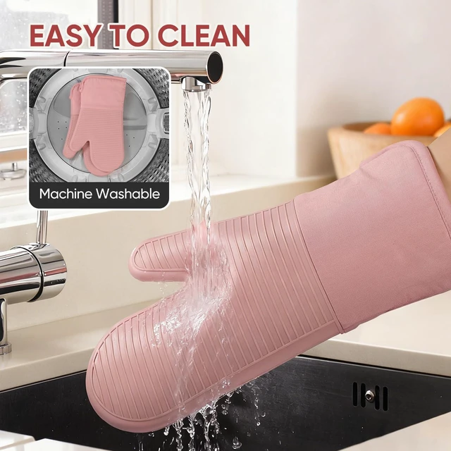 Alt view image 6 of 6 - Silicone Oven Mitts,High Heat Resistant Up to 500 Degrees,Waterproof Cooking Gloves with Soft Polyester Filling,Kitchen Potholder Set - Perfect for BBQ,Baking and Cooking,Pink,2 Pcs Set