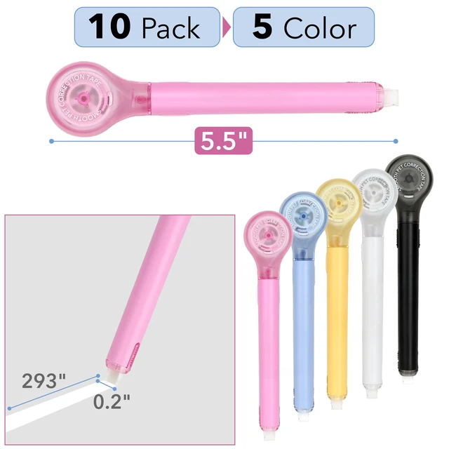 Alt view image 2 of 6 - Correction Tape Pen, 10 Pack, 0.2" x 293", Bright Colors | Correctional Tape, Push-Pull Protective Cover, Pen Style Applicator for Quick Corrections, Office and School Supplies