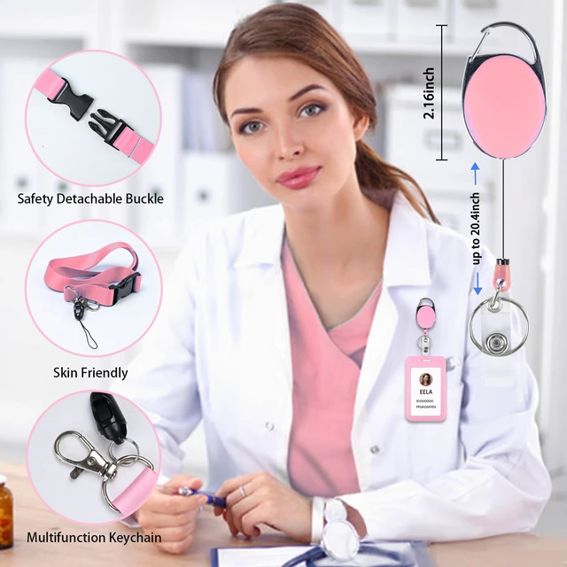 Alt view image 2 of 6 - Pink ID Badge Holder with Lanyard, Retractable Badge Holders Reels and Lanyards Release Buckle, for Women Kids Office Nurses Teacher Doctor Student