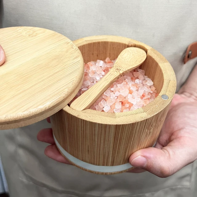 Alt view image 2 of 5 - Salt Cellar with Lid, Bamboo Salt Container for Countertop | Salt Box with Built-in Spoon and Divider, Luminous SALT Label Holder, 13oz Kitchen Salt Bowl for Sea Salt Pepper and Spice