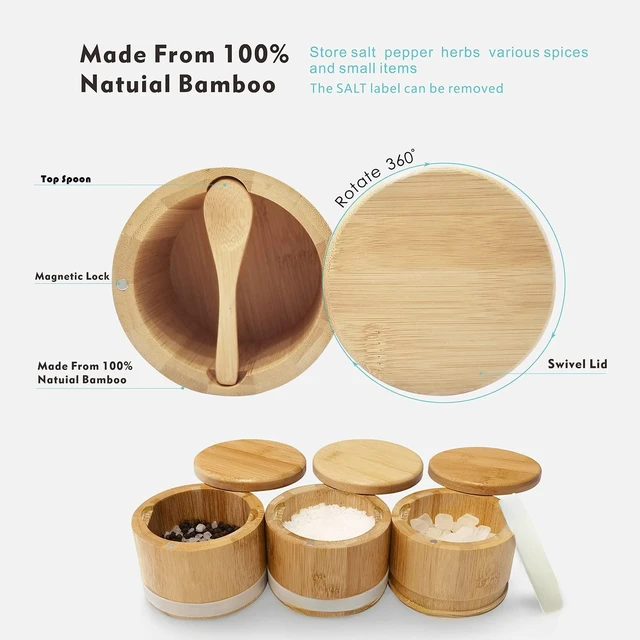 Alt view image 4 of 5 - Salt Cellar with Lid, Bamboo Salt Container for Countertop | Salt Box with Built-in Spoon and Divider, Luminous SALT Label Holder, 13oz Kitchen Salt Bowl for Sea Salt Pepper and Spice