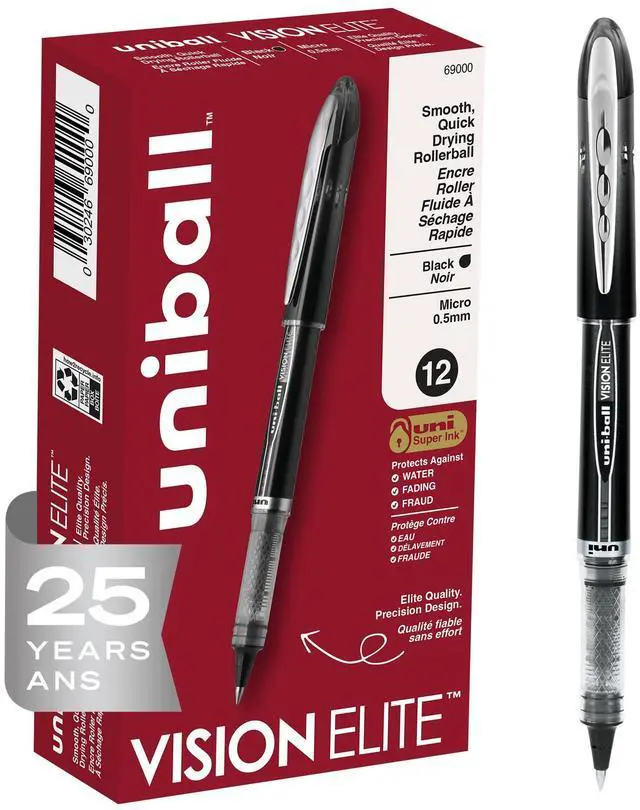Main image of Vision Elite Rollerball Pens Fine Point Micro Tip, 0.5mm, Black, 12 Pack