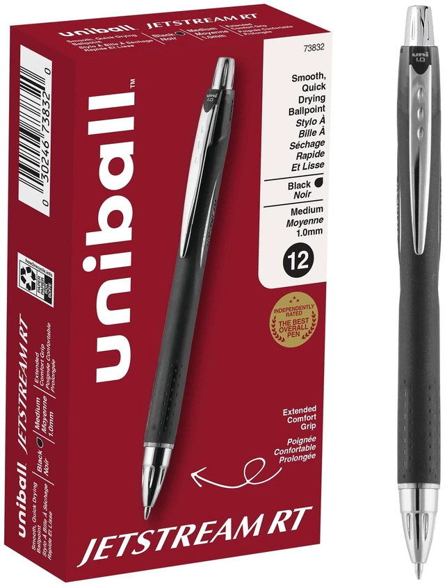 Main image of Jetstream RT Ballpoint Pens, Black, 1.0mm Medium Point, 12 Count | Retractable, Smooth Writing, Quick-Drying, Smear-Resistant, uni Super Ink